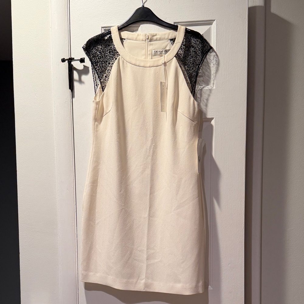 Trina Turk Ivory Textured Shift Dress with Black Lace Trim
